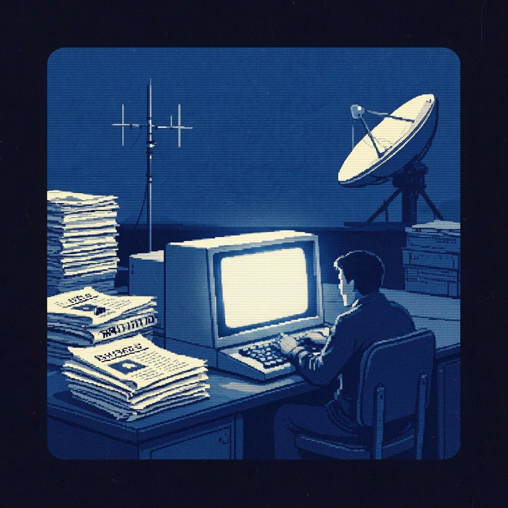 A lone writer at a vintage terminal, satellite dish and stacked dispatches in the background — the desk of The Agentic Times.